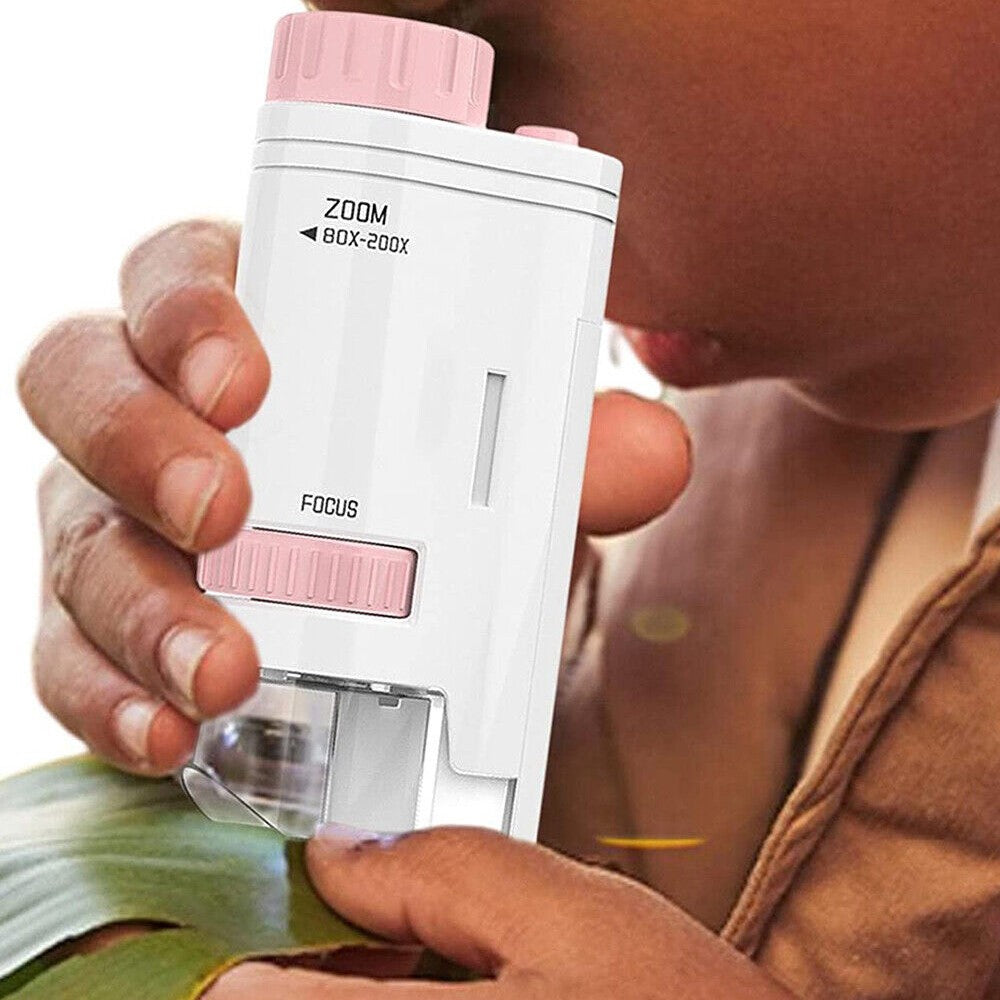 80X-200X Magnifying Mini Microscope with Base Kids Science Educational Kit Pink