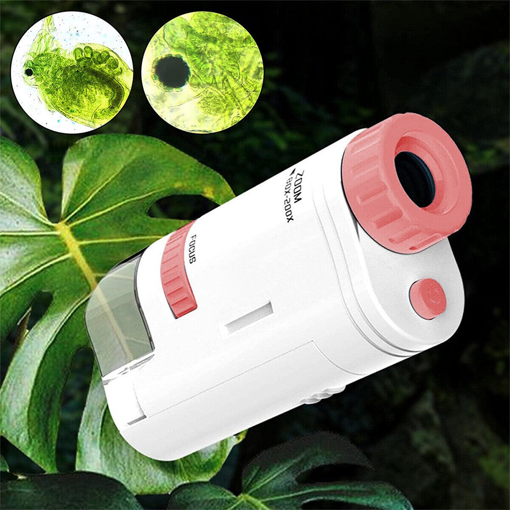 80X-200X Magnifying Mini Microscope with Base Kids Science Educational Kit Pink