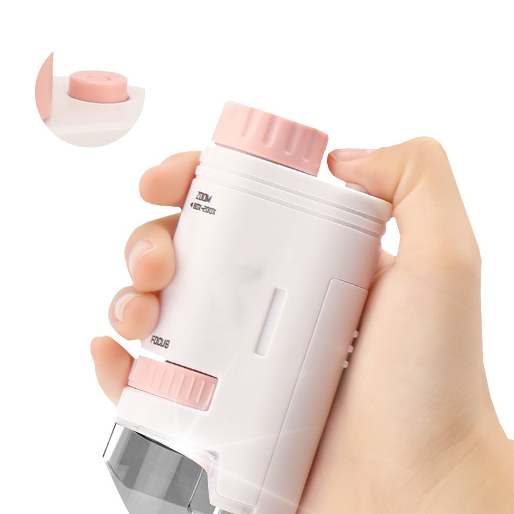 80X-200X Magnifying Mini Microscope with Base Kids Science Educational Kit Pink