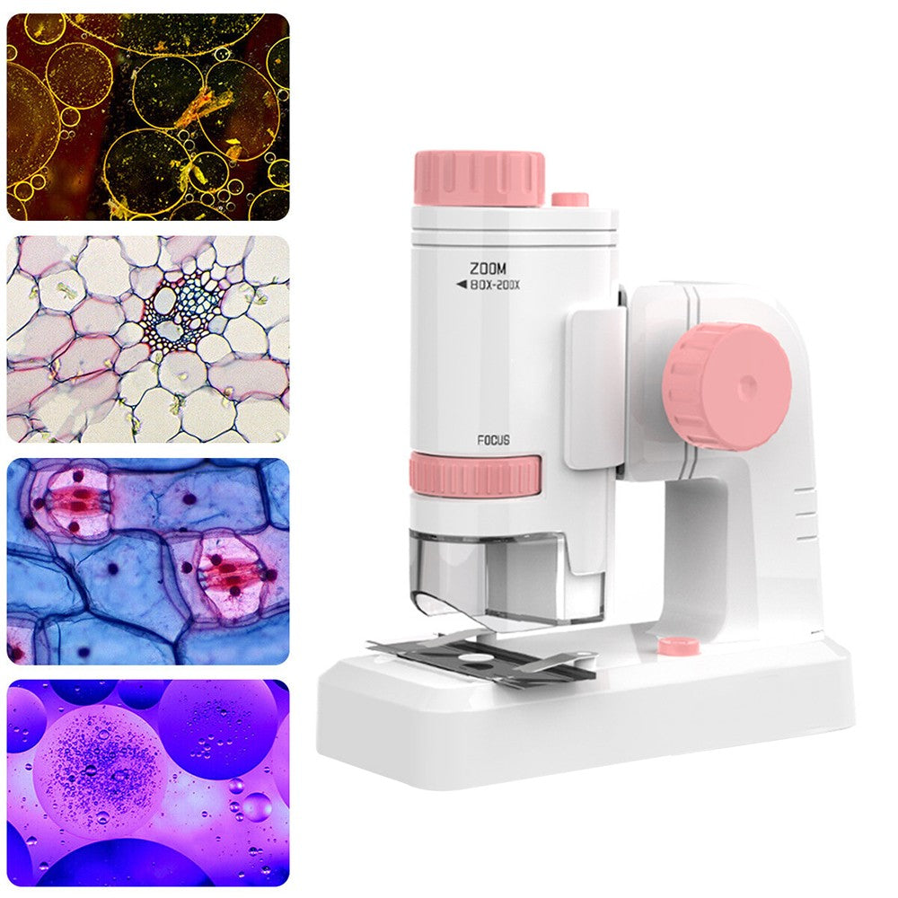 80X-200X Magnifying Mini Microscope with Base Kids Science Educational Kit Pink