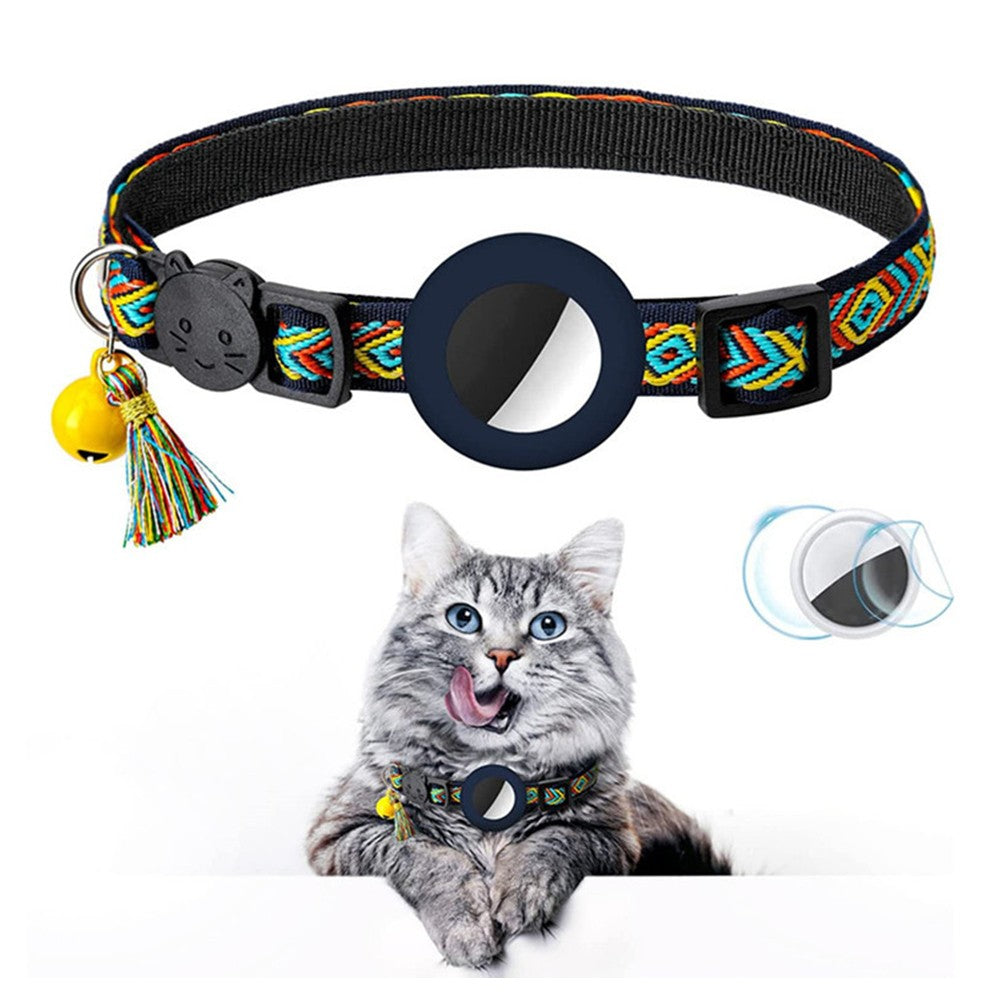 1 X Pet Cat Collar with Airtag Holder Adjustable Geometric Pattern Cat Collar with Bell and Tassel Dark Blue