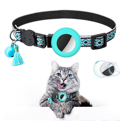 1 X Pet Cat Collar with Airtag Holder Adjustable Geometric Pattern Cat Collar with Bell and Tassel Green