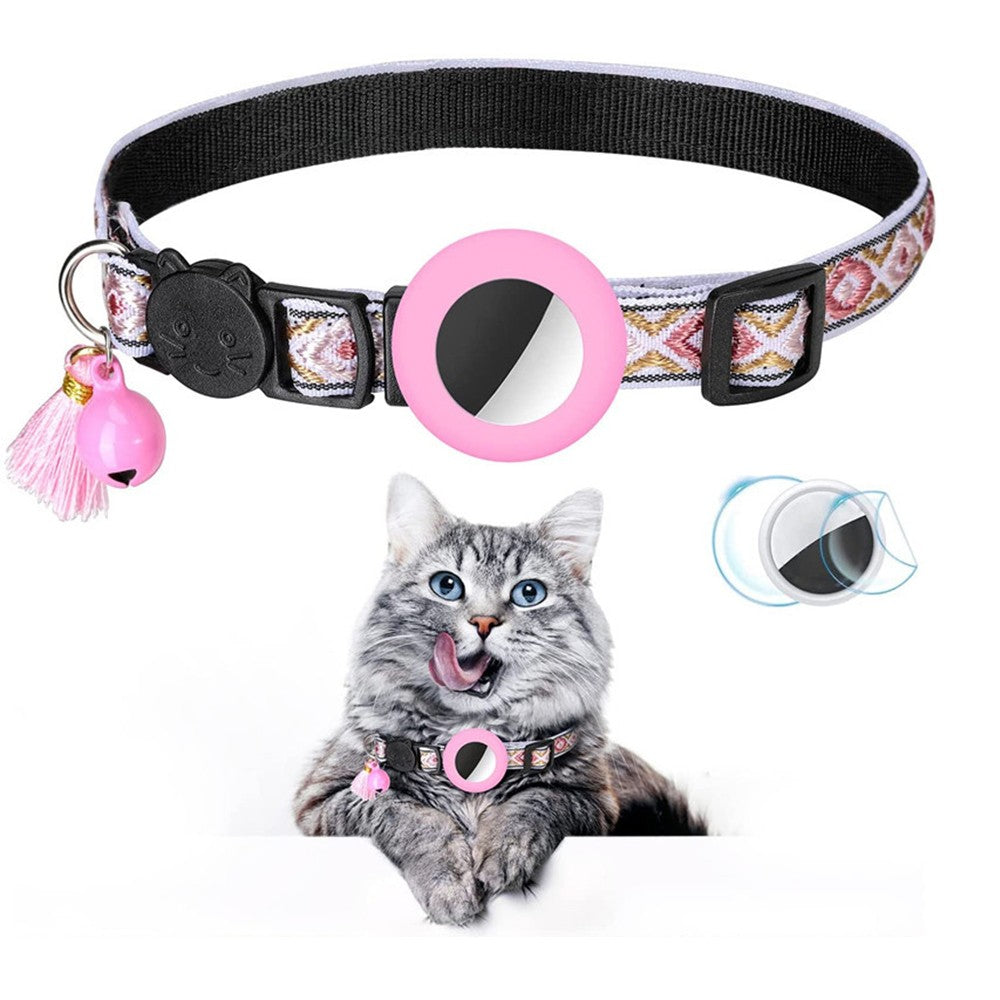 1 X Pet Cat Collar with Airtag Holder Adjustable Geometric Pattern Cat Collar with Bell and Tassel Pink