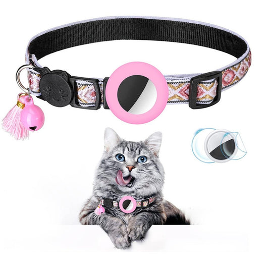 1 X Pet Cat Collar with Airtag Holder Adjustable Geometric Pattern Cat Collar with Bell and Tassel Pink