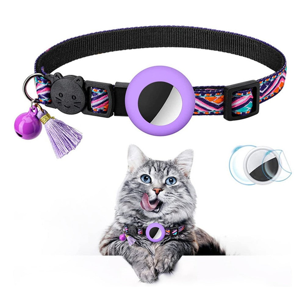 2 X Pet Cat Collar with Airtag Holder Adjustable Geometric Pattern Cat Collar with Bell and Tassel Pink and Purple