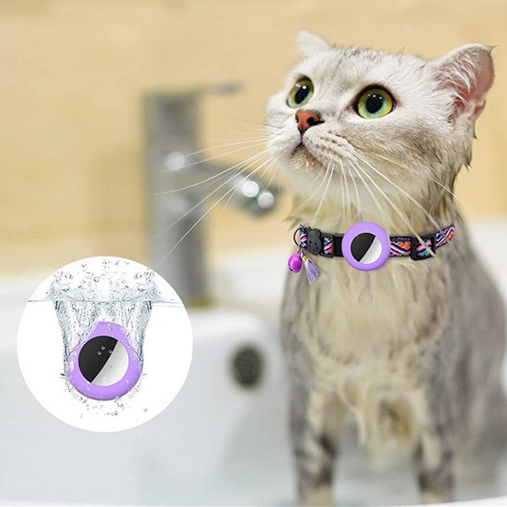 1 X Pet Cat Collar with Airtag Holder Adjustable Geometric Pattern Cat Collar with Bell and Tassel Purple