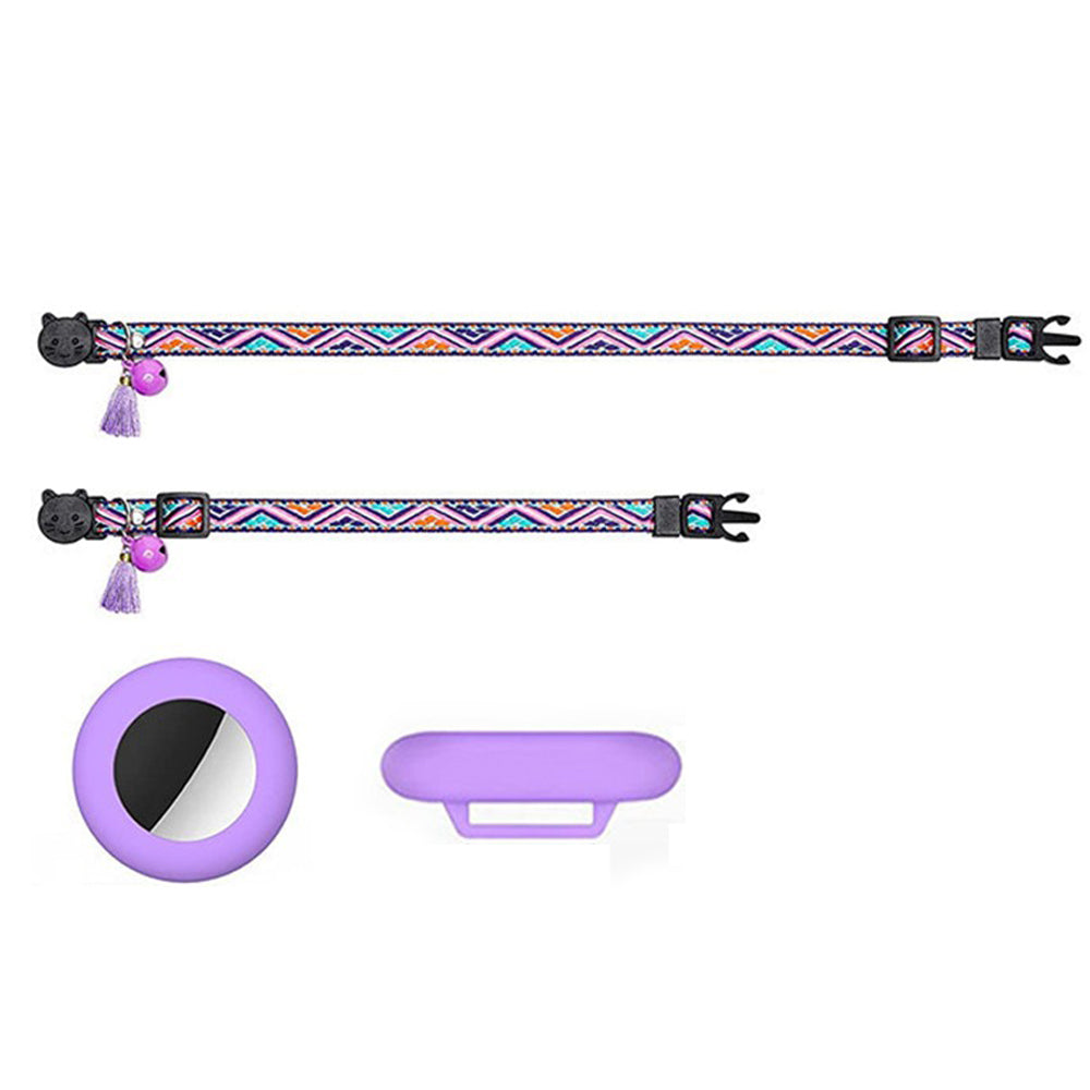 2 X Pet Cat Collar with Airtag Holder Adjustable Geometric Pattern Cat Collar with Bell and Tassel Pink and Purple