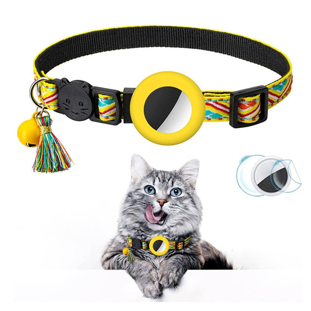 2 X Pet Cat Collar with Airtag Holder Adjustable Geometric Pattern Cat Collar with Bell and Tassel Yellow and Green