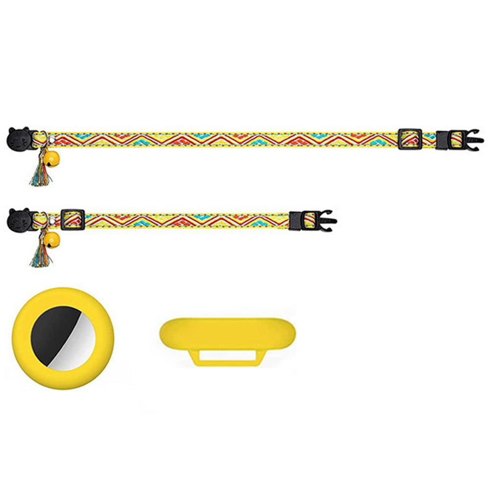 2 X Pet Cat Collar with Airtag Holder Adjustable Geometric Pattern Cat Collar with Bell and Tassel Yellow and Green
