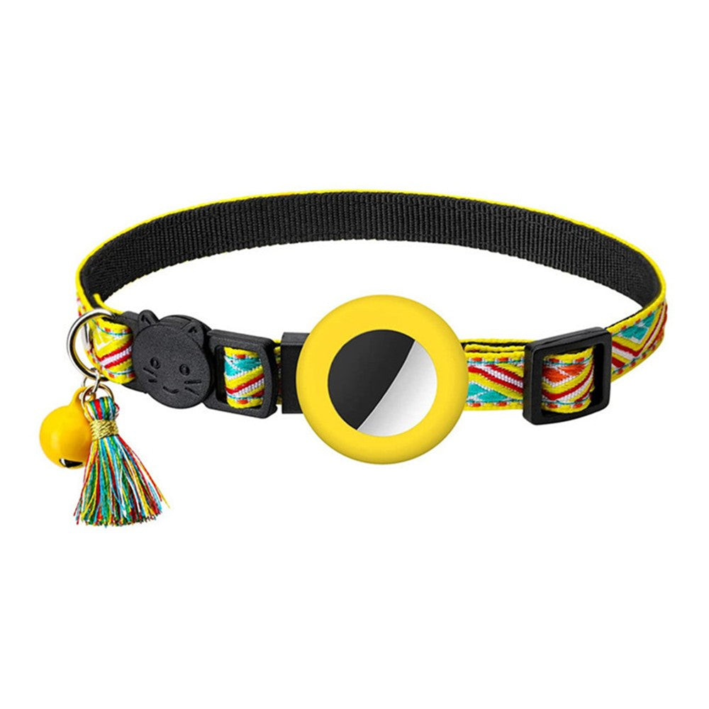 2 X Pet Cat Collar with Airtag Holder Adjustable Geometric Pattern Cat Collar with Bell and Tassel Yellow and Green
