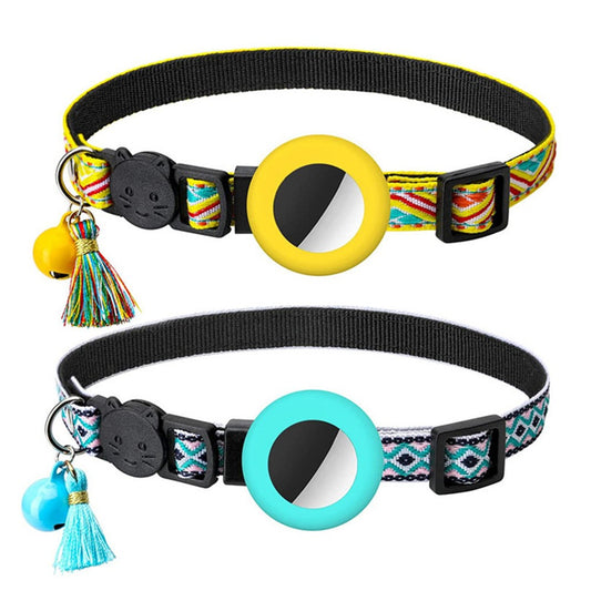 2 X Pet Cat Collar with Airtag Holder Adjustable Geometric Pattern Cat Collar with Bell and Tassel Yellow and Green