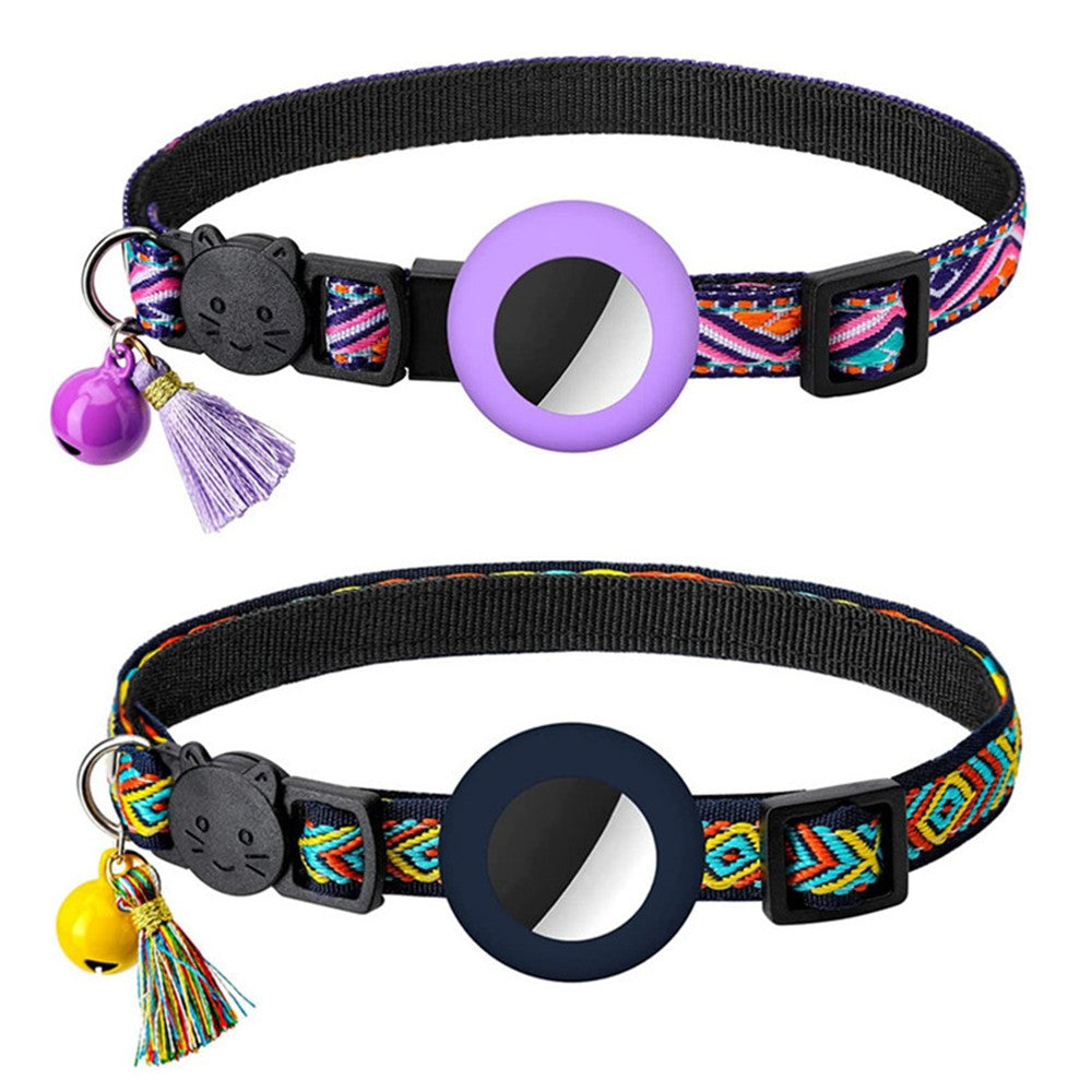 2 X Pet Cat Collar with Airtag Holder Adjustable Geometric Pattern Cat Collar with Bell and Tassel Dark Blue and Purple
