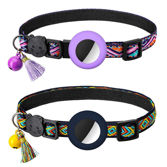 2 X Pet Cat Collar with Airtag Holder Adjustable Geometric Pattern Cat Collar with Bell and Tassel Dark Blue and Purple