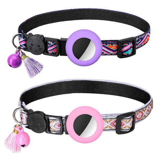 2 X Pet Cat Collar with Airtag Holder Adjustable Geometric Pattern Cat Collar with Bell and Tassel Pink and Purple