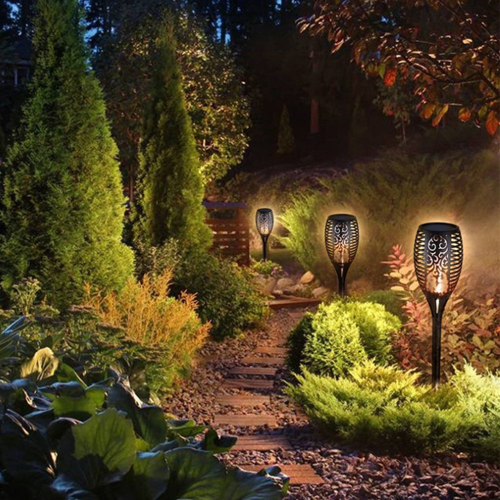 2Pcs Hollow Carved Solar Light Flickering Flames Torch Lights Patio Walkway Lamp Outdoor Garden Landscape Decor Light