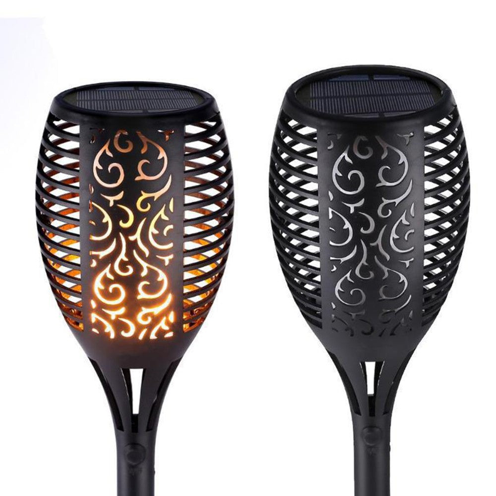 2Pcs Hollow Carved Solar Light Flickering Flames Torch Lights Patio Walkway Lamp Outdoor Garden Landscape Decor Light