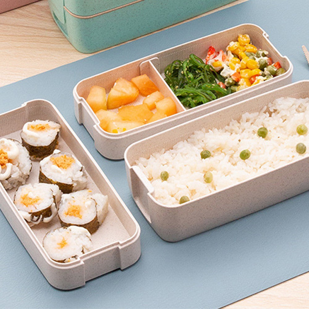 3 Layer Stackable Bento Box Wheat Straw Students Lunch Box Eco Friendly Leakproof Food Container Beige