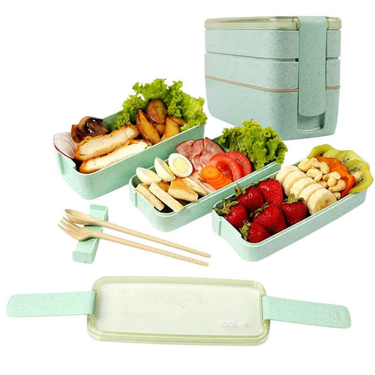 3 Layer Stackable Bento Box Wheat Straw Students Lunch Box Eco Friendly Leakproof Food Container Green