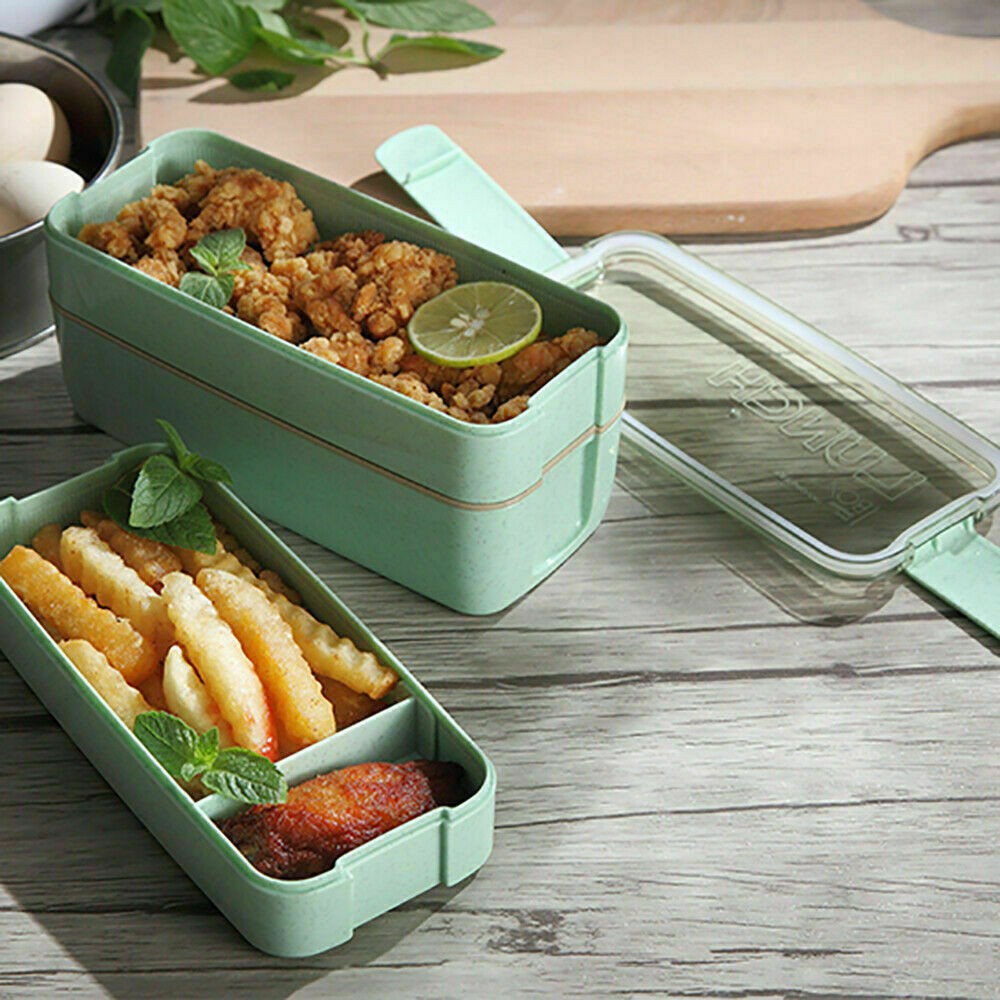 3 Layer Stackable Bento Box Wheat Straw Students Lunch Box Eco Friendly Leakproof Food Container Green
