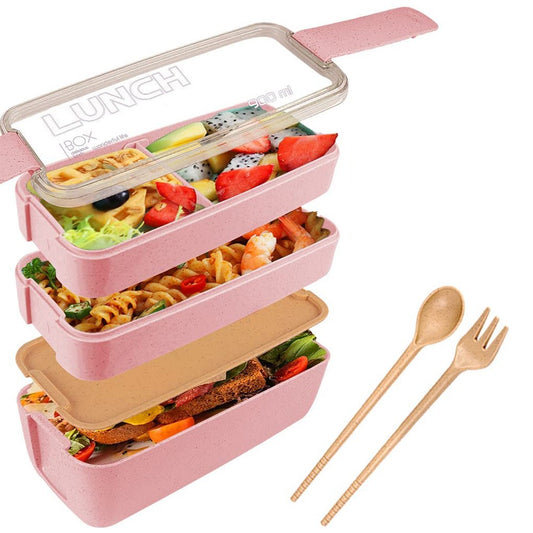3 Layer Stackable Bento Box Wheat Straw Students Lunch Box Eco Friendly Leakproof Food Container Pink