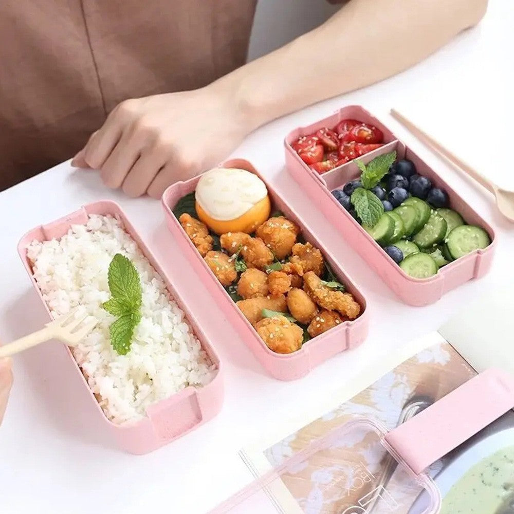 3 Layer Stackable Bento Box Wheat Straw Students Lunch Box Eco Friendly Leakproof Food Container Pink