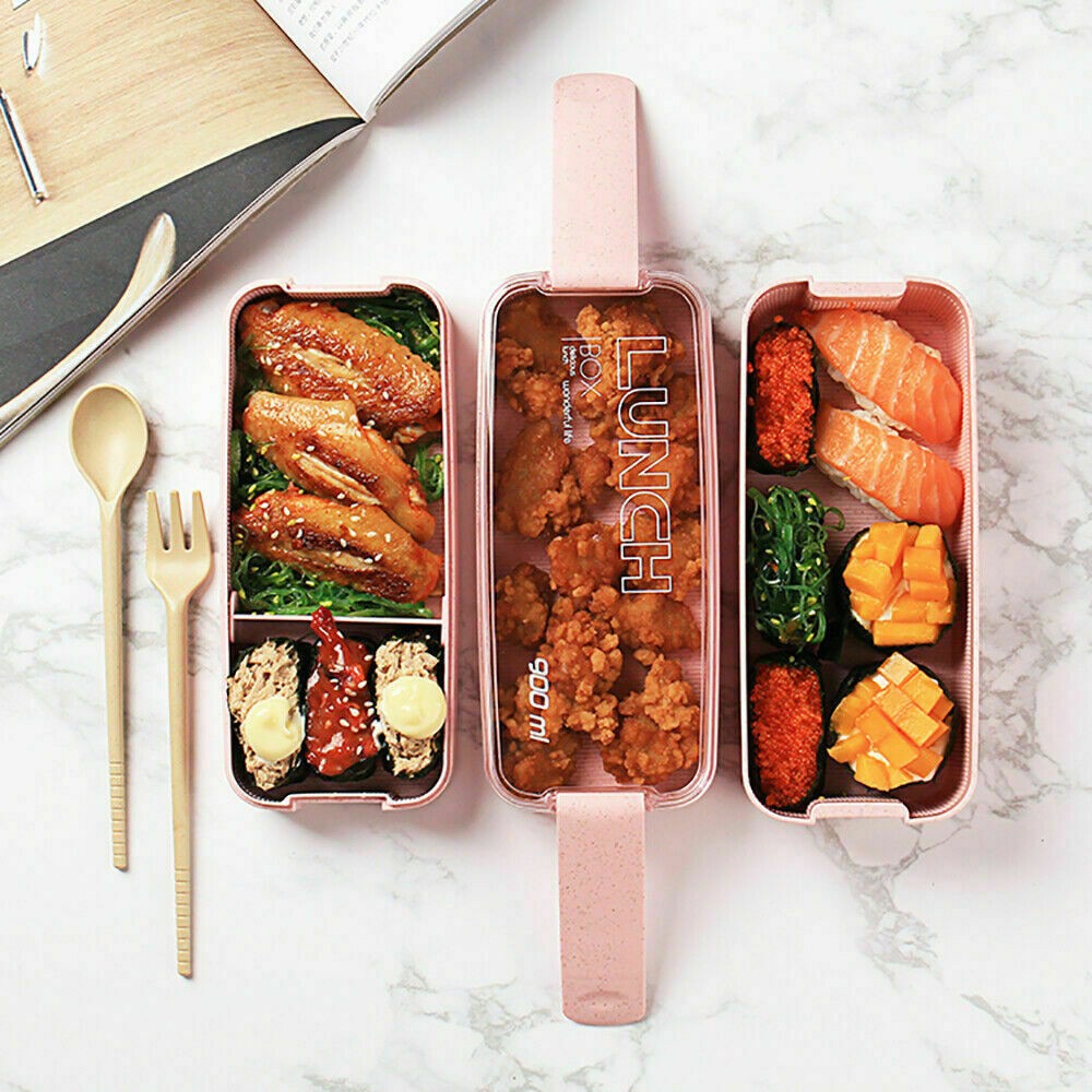 3 Layer Stackable Bento Box Wheat Straw Students Lunch Box Eco Friendly Leakproof Food Container Pink