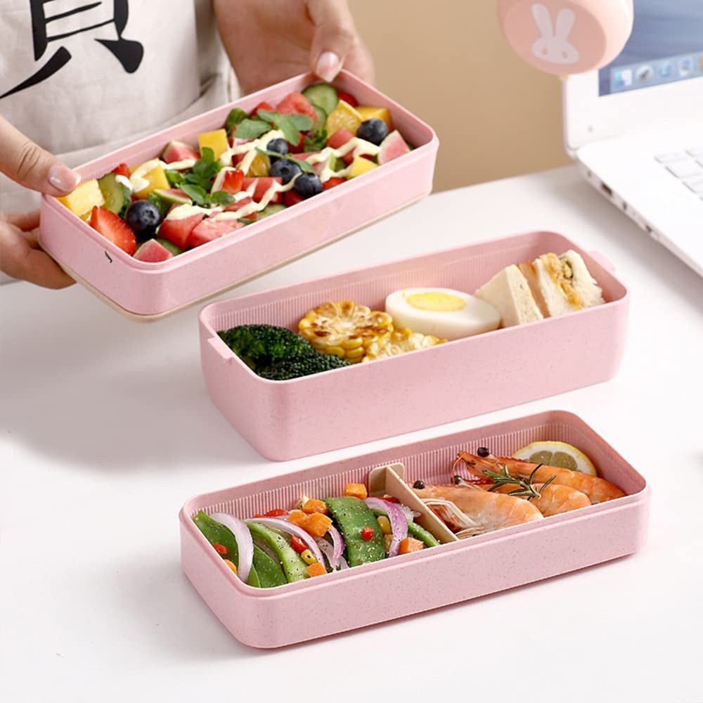 3 Layer Stackable Bento Box Wheat Straw Students Lunch Box Eco Friendly Leakproof Food Container Pink