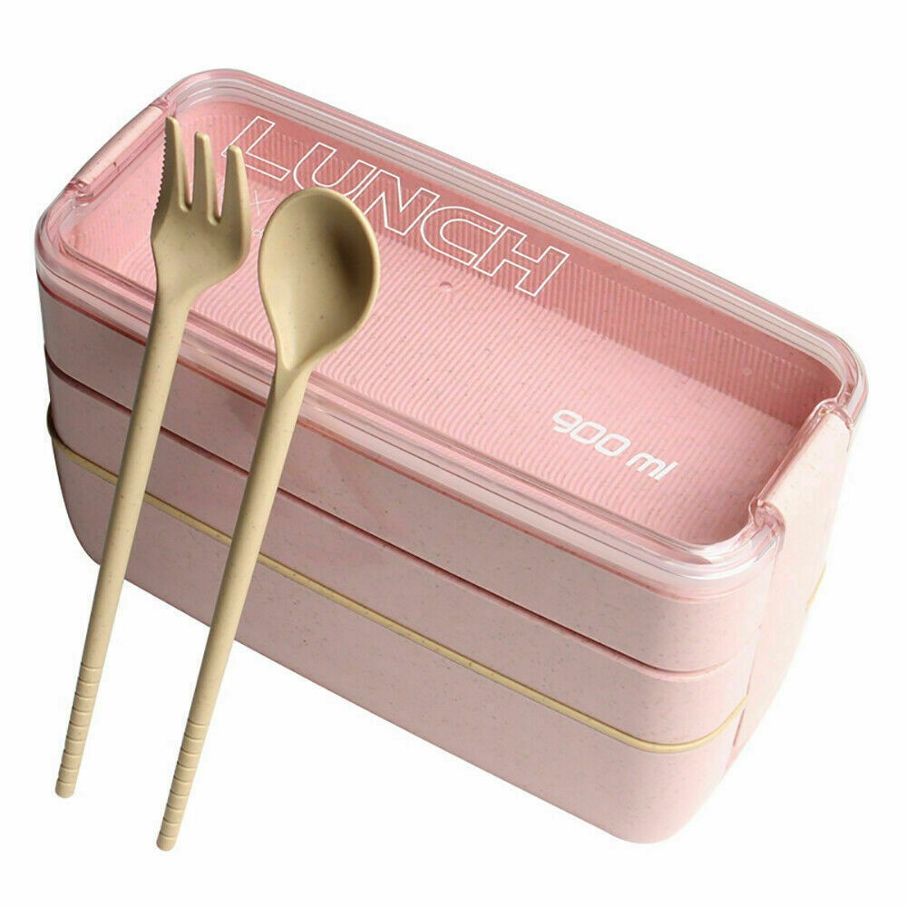 3 Layer Stackable Bento Box Wheat Straw Students Lunch Box Eco Friendly Leakproof Food Container Pink