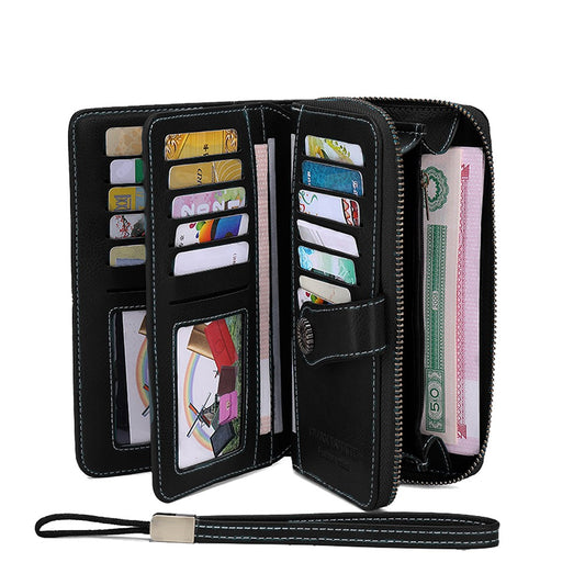 Womens PU Leather Wallet Black RFID Blocking Purse Credit Card Holder Coin Purse with Wrist Strap