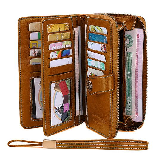 Womens PU Leather Wallet Brown RFID Blocking Purse Credit Card Holder Coin Purse with Wrist Strap