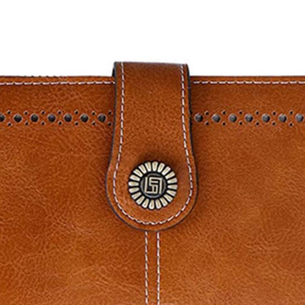 Womens PU Leather Wallet Brown RFID Blocking Purse Credit Card Holder Coin Purse with Wrist Strap