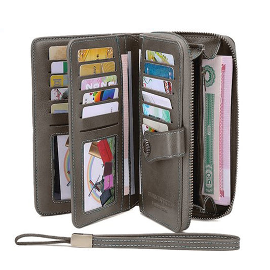 Womens PU Leather Wallet Grey RFID Blocking Purse Credit Card Holder Coin Purse with Wrist Strap