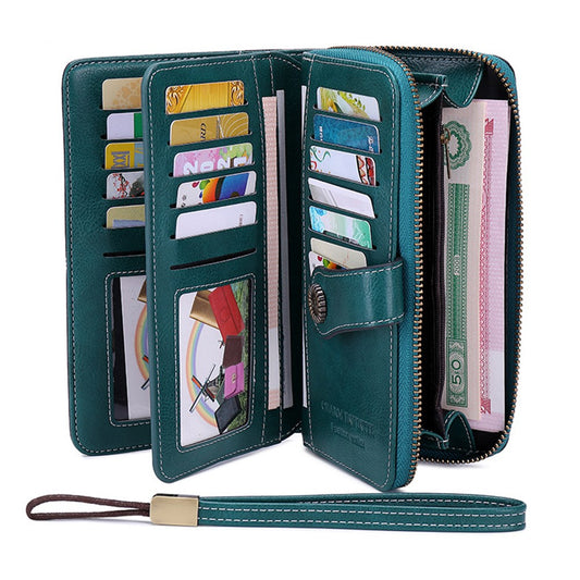 Womens PU Leather Wallet Peacock Blue RFID Blocking Purse Credit Card Holder Coin Purse with Wrist Strap