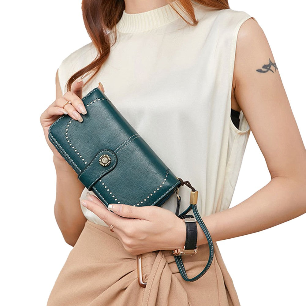 Womens PU Leather Wallet Peacock Blue RFID Blocking Purse Credit Card Holder Coin Purse with Wrist Strap