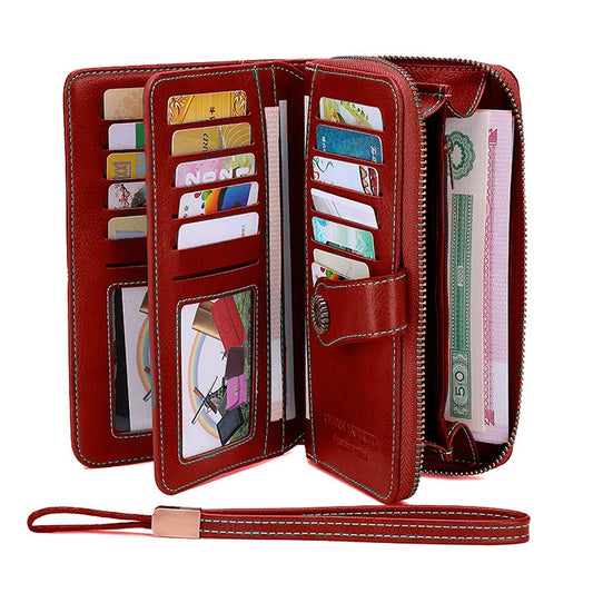 Womens PU Leather Wallet Wine Red RFID Blocking Purse Credit Card Holder Coin Purse with Wrist Strap