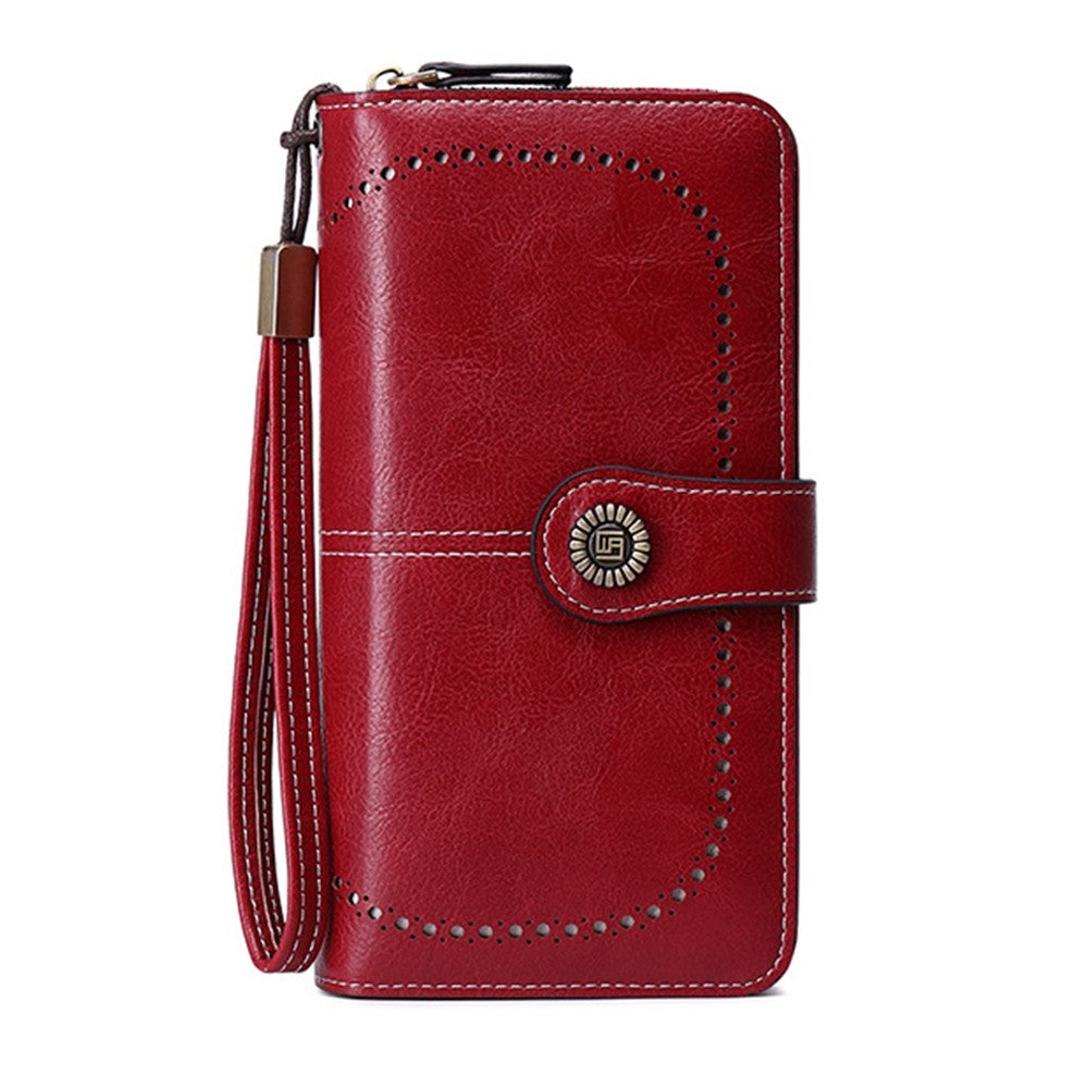 Womens PU Leather Wallet Wine Red RFID Blocking Purse Credit Card Holder Coin Purse with Wrist Strap