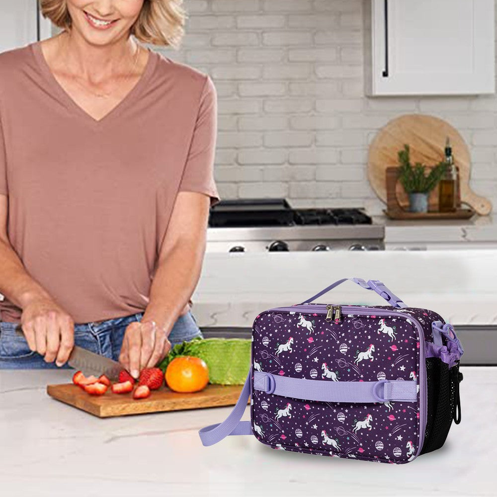 Cartoon Lunch Bag Thermal Insulated Lunch Bag Picnic Bag with Shoulder Strap Purple