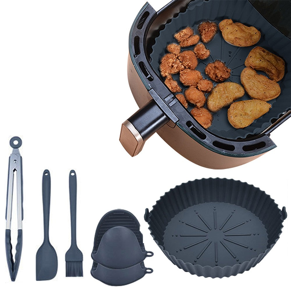 Grey Air Fryer Silicone Liner with Food Tongs Spatula Brush Gloves Set Air Fryer Pot