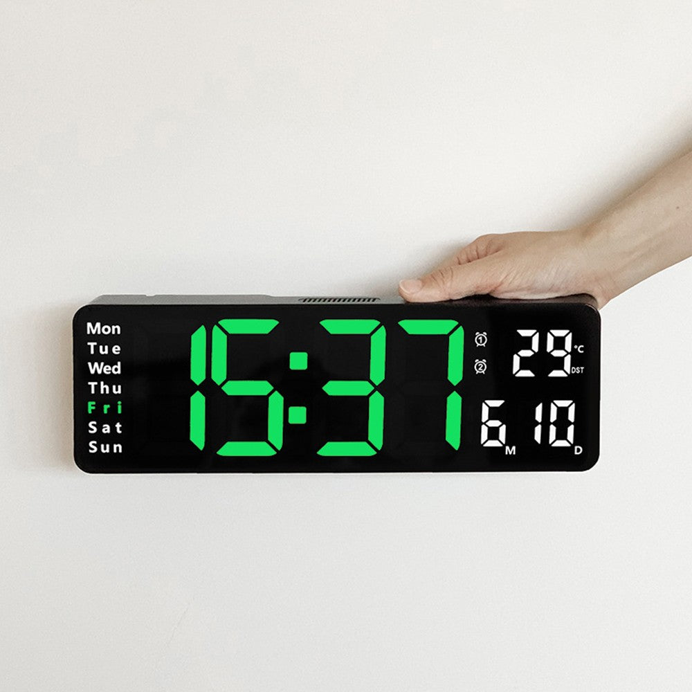 13 Inch Digital Alarm Clock LED Wall Mounted Clock Desk Clock with Temperature Calendar Green