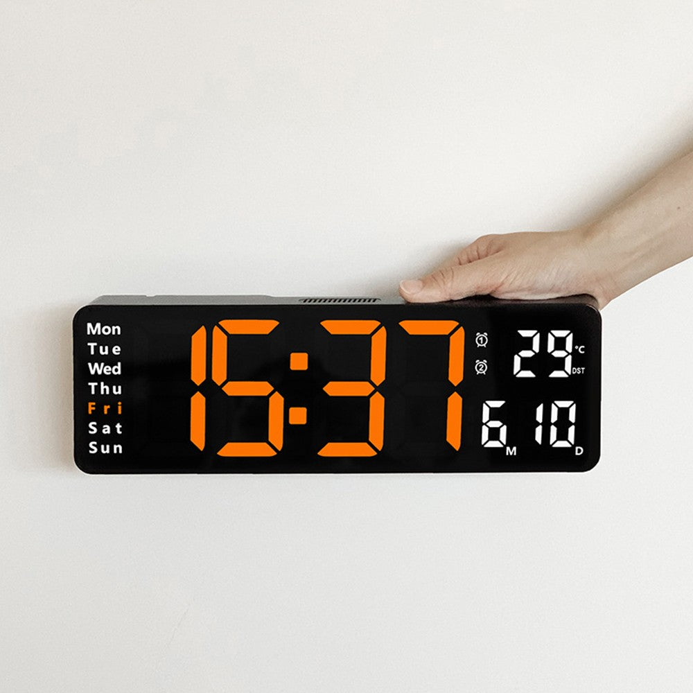 13 Inch Digital Alarm Clock LED Wall Mounted Clock Desk Clock with Temperature Calendar Orange