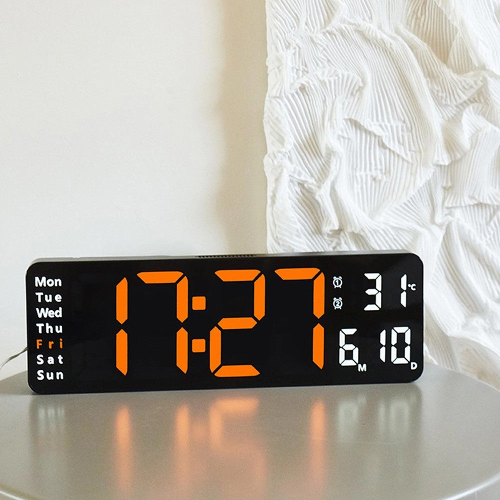 13 Inch Digital Alarm Clock LED Wall Mounted Clock Desk Clock with Temperature Calendar Orange