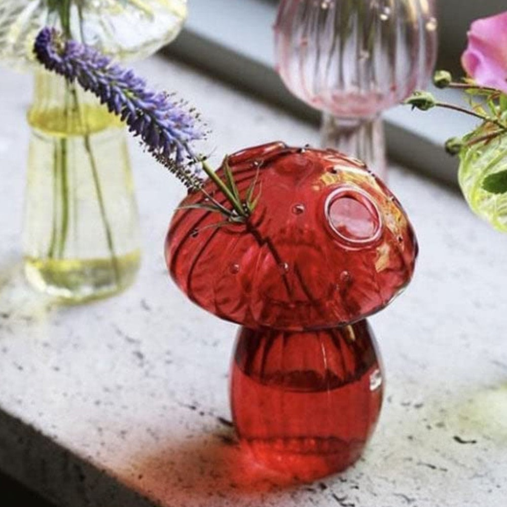 Red Mushroom Shaped Glass Vase Aromatherapy Bottle Hydroponic Plant Flower Pot