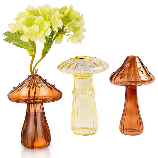 2 X Yellow Brown Mushroom Shaped Glass Vase Aromatherapy Bottle Hydroponic Plant Flower Pot