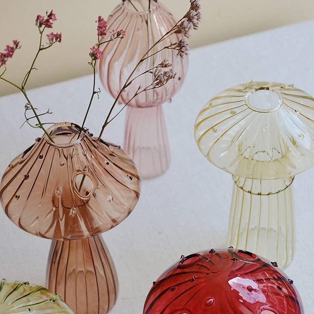 2 X Yellow Brown Mushroom Shaped Glass Vase Aromatherapy Bottle Hydroponic Plant Flower Pot