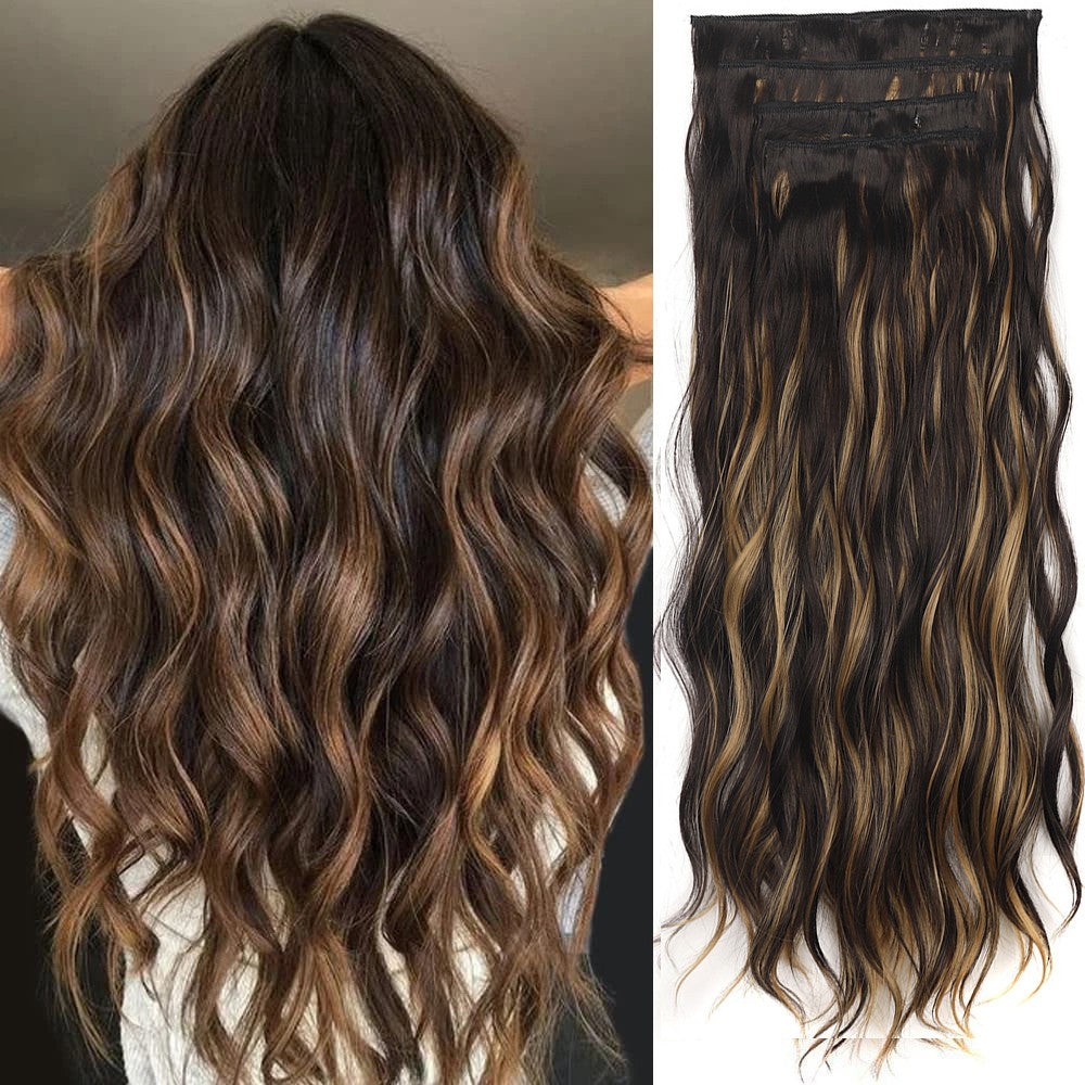 Set of 4Pcs Black Mixed Brown Clip in Hair Extensions Natural Wavy Hair Extensions Long Wavy Hairpieces