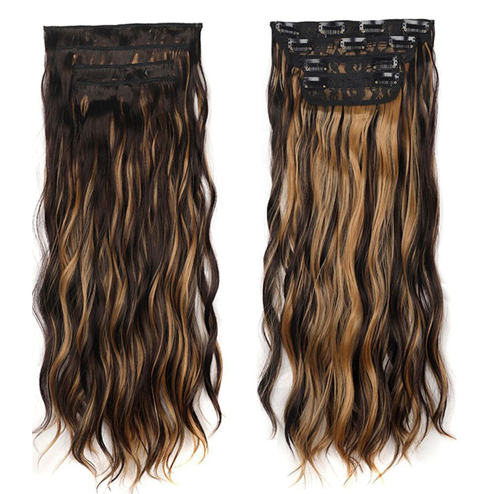 Set of 4Pcs Black Mixed Brown Clip in Hair Extensions Natural Wavy Hair Extensions Long Wavy Hairpieces