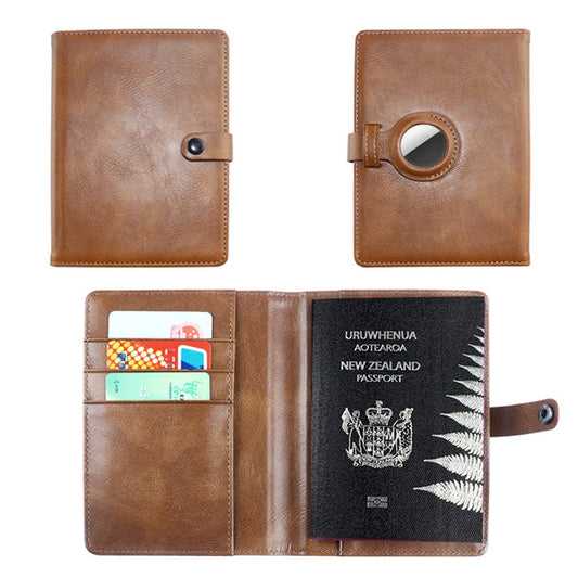 Travel Passport Holder PU Leather Passport Case Wallet with Protective Case for AirTag Brown