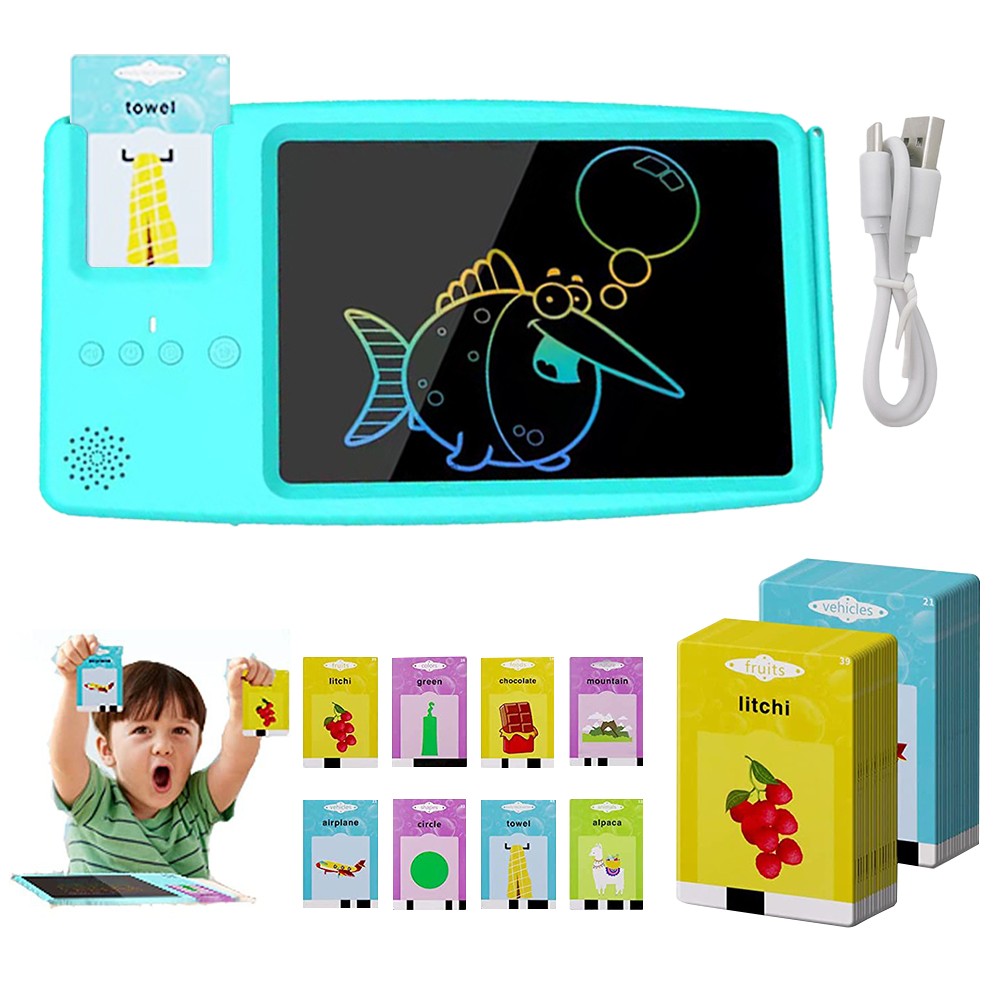 2 in 1 Kids Talking Flash Cards Learning Toys LCD Writing Tablet Blue