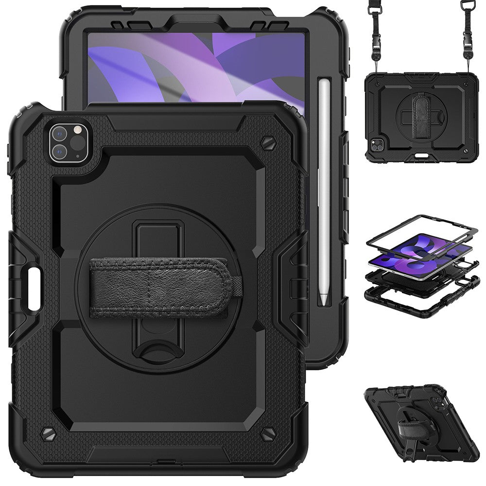 For iPad Shockproof Protective Case Stand with Screen Protector Shoulder Strap Black