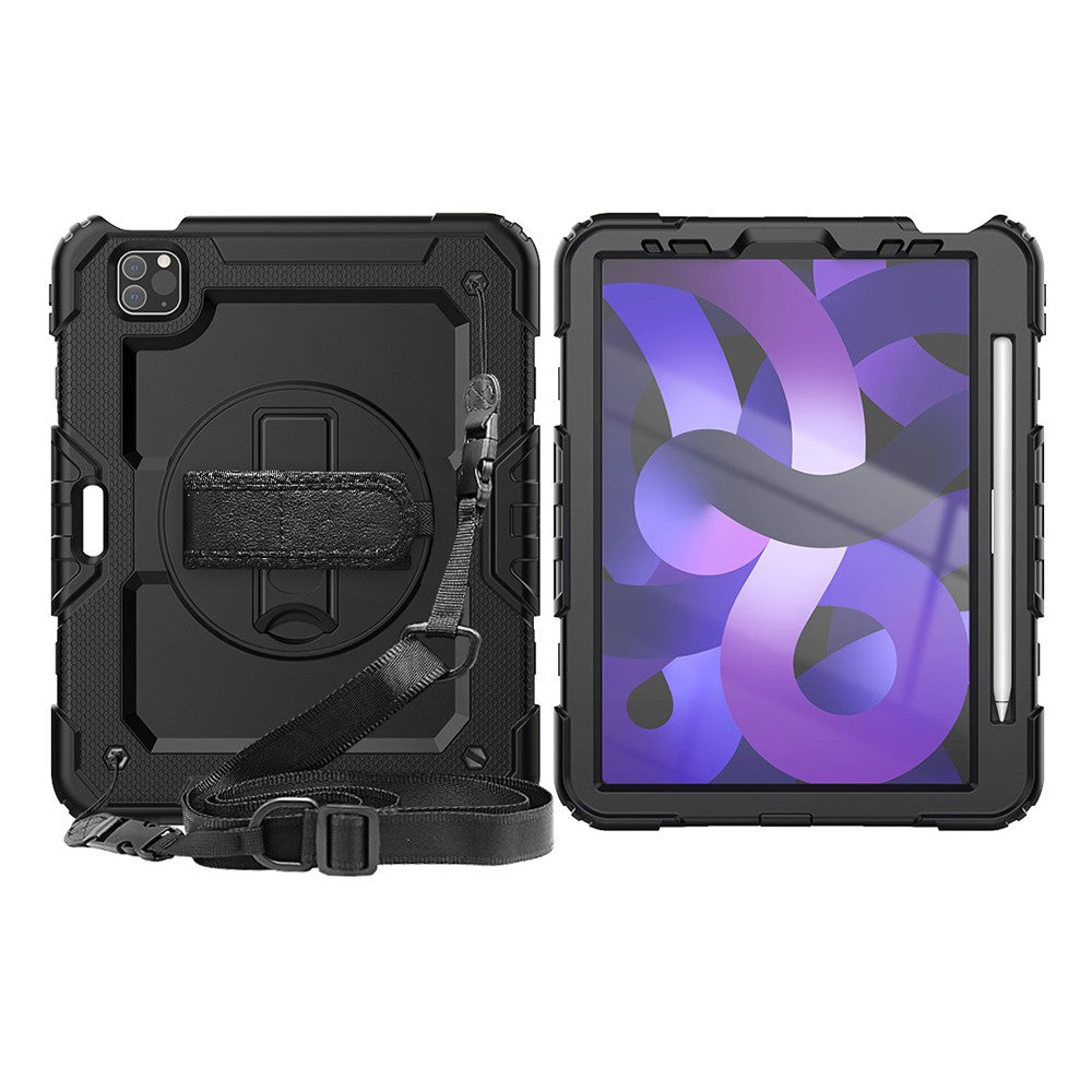 For iPad Shockproof Protective Case Stand with Screen Protector Shoulder Strap Black